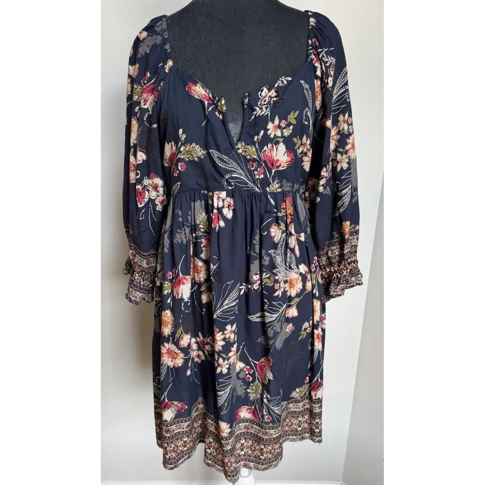 Boho Floral Babydoll Mini Dress L Navy Cottagecore Spring Festival Fairy - Picture 7 of 16